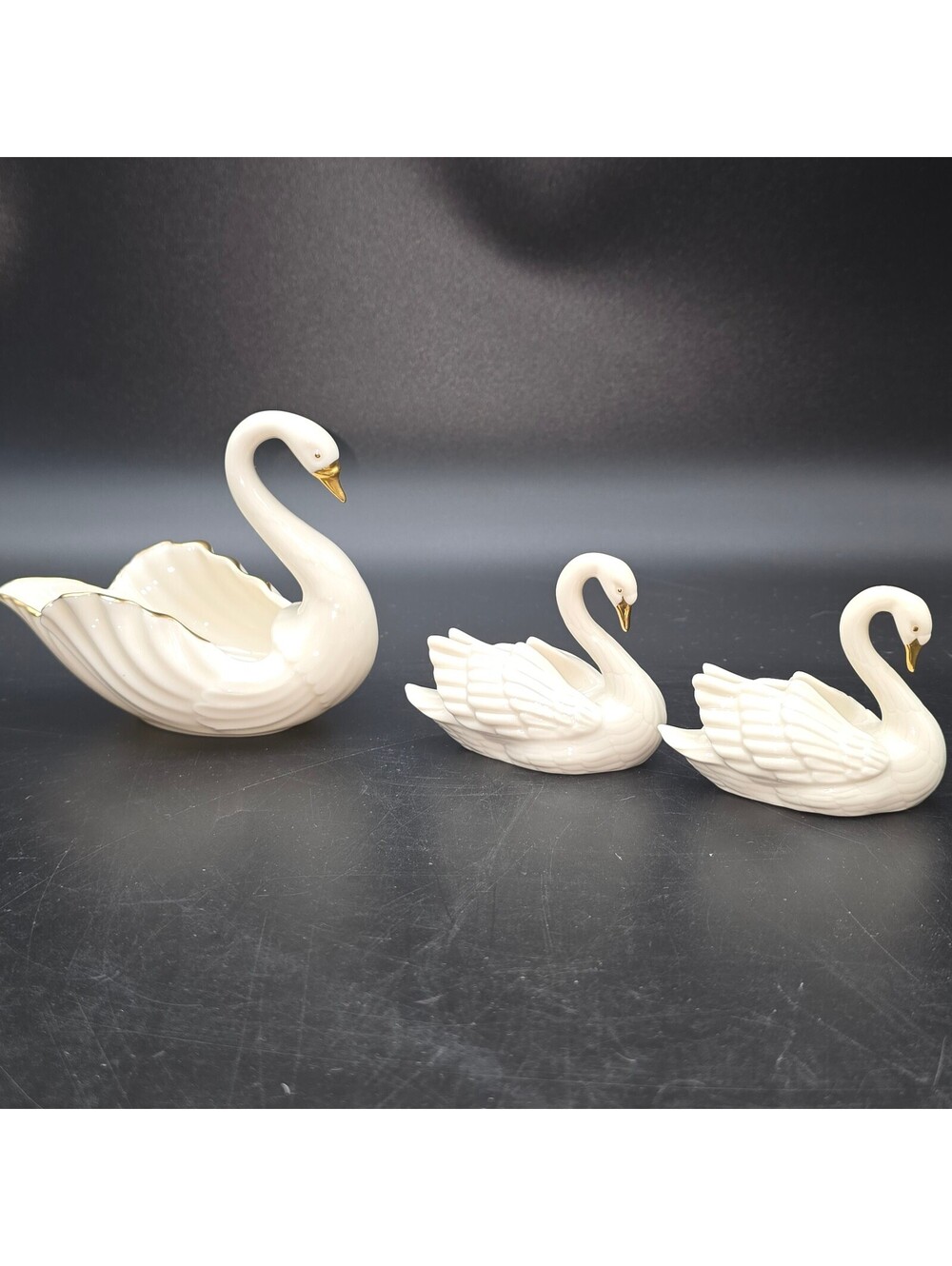 Vintage Lenox Porcelain Swan Family Trio 3 Pc Ivory 24K Gold Trim Cake Topper